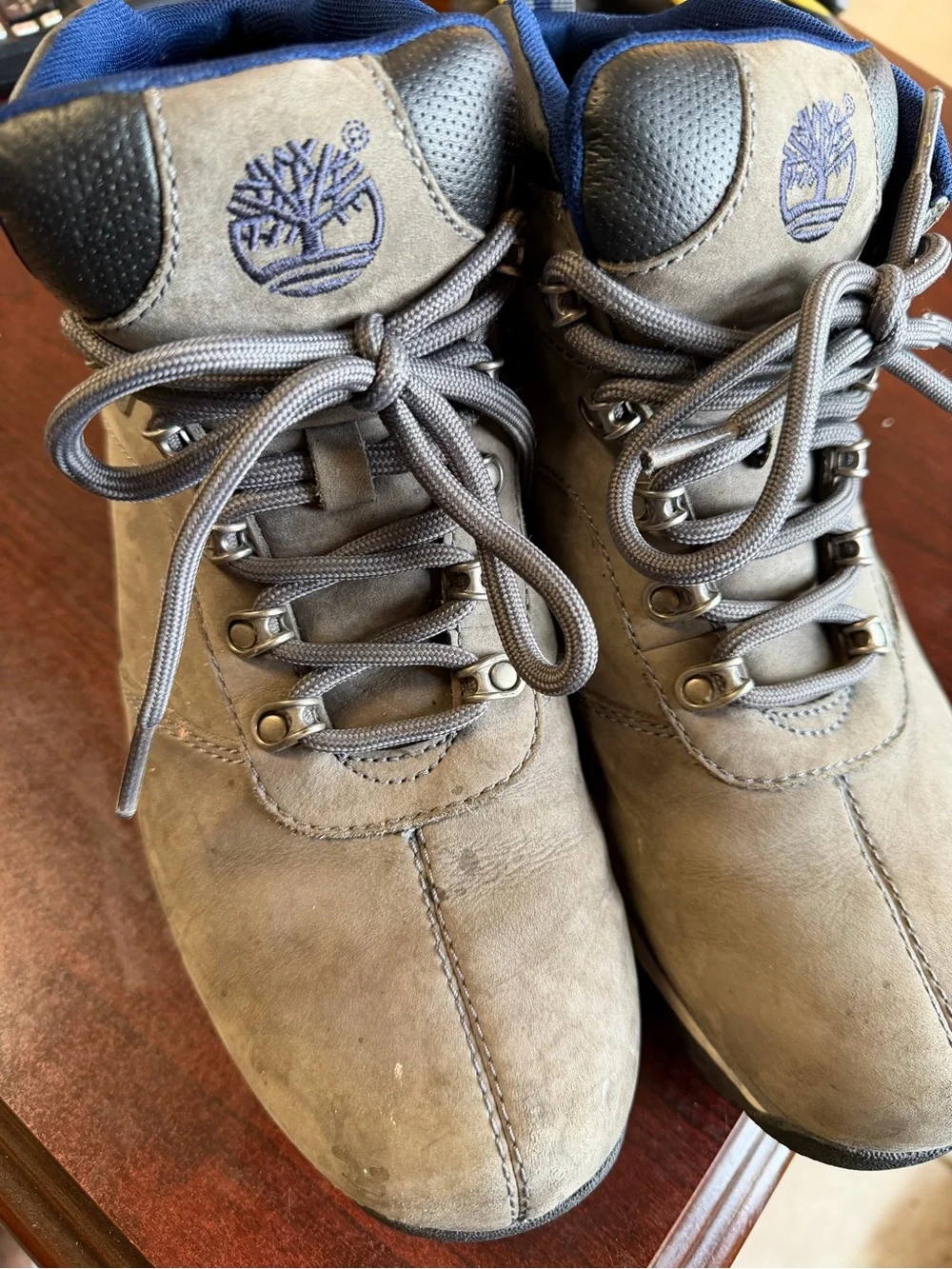 Timberland Gray Leather Lace-Up Hiking Boots with Blue Trim